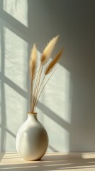 Poster - A delicate ceramic vase holds tall dried pampas grass, beautifully illuminated by soft sunlight. Shadows play across the calm wall, creating a tranquil atmosphere perfect for relaxation