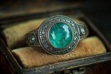 Poster - Exquisite antique ring with a large emerald and intricate silver detailing displayed on a soft fabric cushion