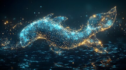 Poster - Stunning digital art depicting a dolphin leaping from the ocean, rendered with glowing lines and sparkling particles. Animal star constellation. Sky zodiac horoscope background