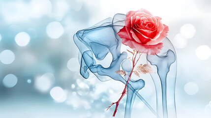 Poster - Fusing beauty and anatomy a rose in a skeleton hand digital art ethereal background aesthetic perspective