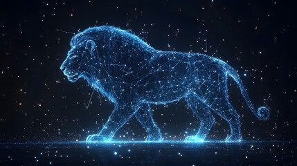 Poster - A Celestial majestic lion formed by constellations of light against a dark background. Its elegance and power shine through. Animal star constellation. Sky zodiac horoscope background