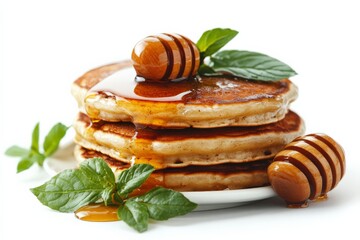 Aufkleber - Delicious pancakes topped with honey and mint, showcasing a perfect breakfast plate
