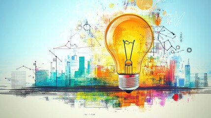 Poster - Vibrant light bulb illustration representing innovation and creativity against an urban skyline backdrop