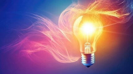 Poster - A glowing light bulb radiates vibrant colors against a swirling abstract background, symbolizing creativity and innovation