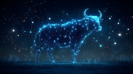 Poster - A digital art depicting Taurus constellation as a luminous bull standing in a field under a starry night sky. Animal star constellation. Sky zodiac horoscope background