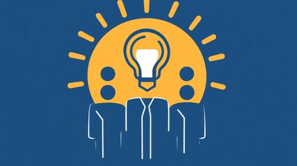 Poster - Group of professionals brainstorming ideas with a lightbulb symbolizing innovation against a bright sun backdrop