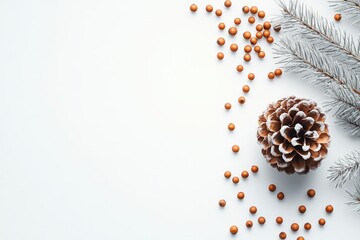 Aufkleber - Decorative winter arrangement with pine cone, fir branches, and beads on a neutral background for seasonal celebration