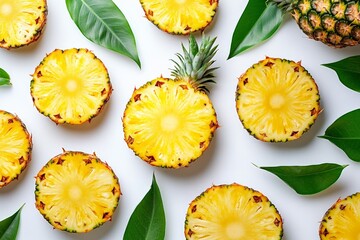Poster - Freshly sliced pineapple arranged with green leaves on a clean white surface in a bright kitchen