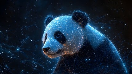 Poster - A digital art piece showcasing a panda bear rendered in a network of glowing lines against a starry backdrop. Animal star constellation. Sky zodiac horoscope background