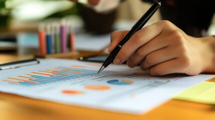 Poster - Person analyzing financial graphs and charts at a desk, with colorful markers and a smartphone nearby