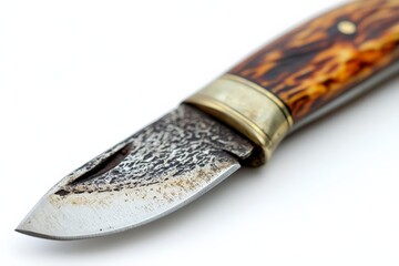 Poster - Detailed view of an antique folding knife with ornate handle and patterned blade