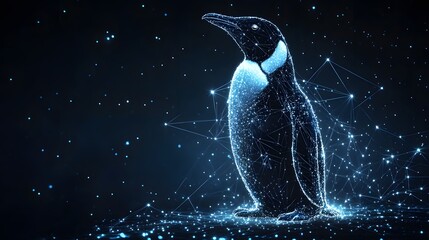 Poster - A stylized digital Celestial penguin, rendered in glowing connected lines and points. The dark background enhances the crystalline effect Animal star constellation. Sky zodiac horoscope background