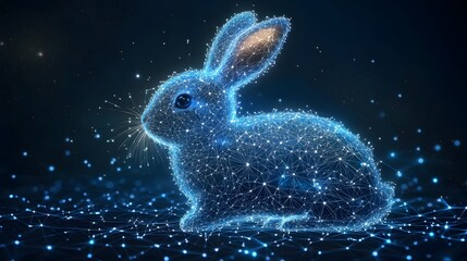 Poster - A digital rabbit, rendered in a futuristic, glowing style. Lines and light create depth and movement. Ethereal and modern. Animal star constellation. Sky zodiac horoscope background