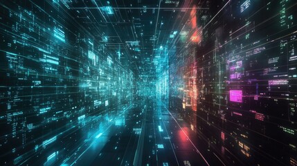 Poster - Futuristic digital landscape with vibrant data streams and glowing lights creating a sense of depth and movement