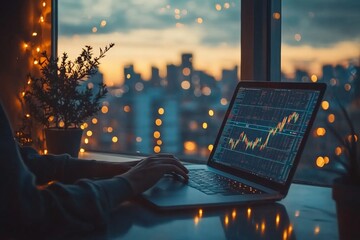 Poster - Nighttime trading session with laptop displaying stock market data and city skyline in the background
