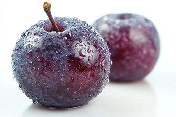 Aufkleber - Freshly washed plums glistening with water droplets in a clean, bright setting