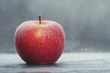 Poster - Fresh red apple with water droplets on a grey surface in a well-lit kitchen setting