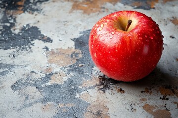 Aufkleber - Fresh red apple with water droplets on a textured surface in natural light