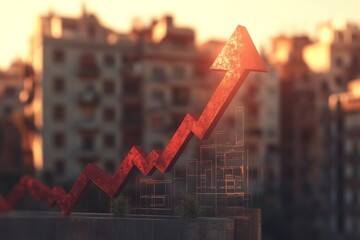 Poster - Growing trend of urban development reflected in a rising graph against a city backdrop at sunset