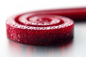 Poster - Bright red spiral candy resting on a smooth surface glistening with moisture in a close-up view