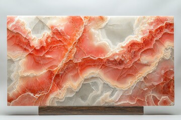 Poster - Beautiful red onyx stone slab with intricate patterns displayed on a wooden stand in a well-lit studio setting