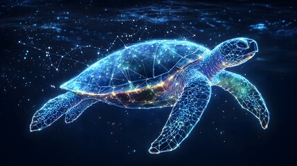 Poster - A digital artwork depicting a Celestial sea turtle with a glowing polygonal effect. This is an abstract representation of marine life. Animal star constellation. Sky zodiac horoscope background