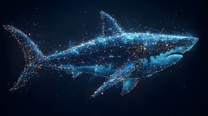 Poster - Abstract digital art of a great white shark, glowing lines and points forming the shape. Dark blue background. Animal star constellation. Sky zodiac horoscope background. Celestial Shark