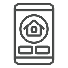 Poster - Smartphone with house slide line icon, housing market concept. Vector graphics. Phone screen with cottage building sign on white background, outline style icon for mobile or web design.