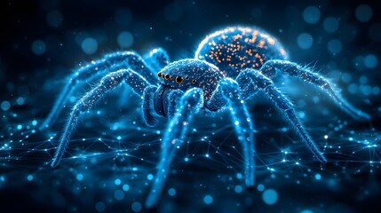 Poster - A stunning digital spider art piece. Cyberpunk style, network connections. Animal star constellation. Sky zodiac horoscope background. Celestial Spider