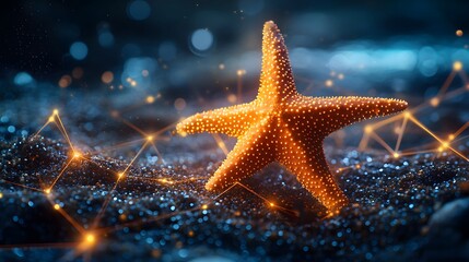 Poster - A glowing starfish rests on dark, glittering sand, connected by a network of light. Digital art. Animal star constellation. Sky zodiac horoscope background Celestial Star fish
