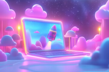 Aufkleber - Bright neon laptop displays a rocket launch in a whimsical cloud-filled setting under starlit sky