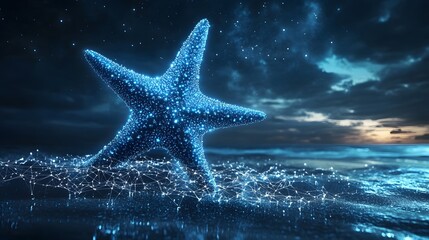 Poster - Glowing digital starfish on a beach at night, digital art. Animal star constellation. Sky zodiac horoscope background Celestial Star fish