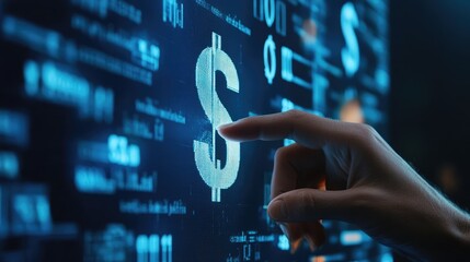 Poster - Close-up of a hand interacting with a digital dollar symbol on a high-tech financial interface with data analysis