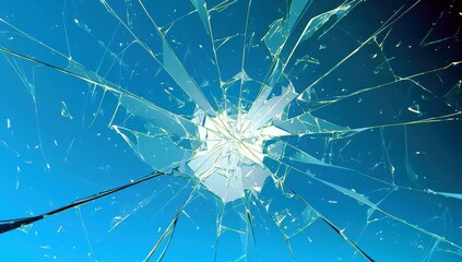 Poster - Fractured Glass Background with Sharp Shards Creating Abstract Pattern and Vivid Blue Sky as a Backdrop for Creative Design Projects