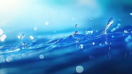 Poster - A close-up view of water droplets splashing on a serene blue surface, creating a tranquil and refreshing atmosphere.
