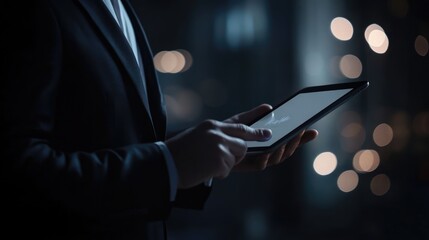 Poster - Business professional using a tablet device in a dimly lit environment with blurred lights in the background