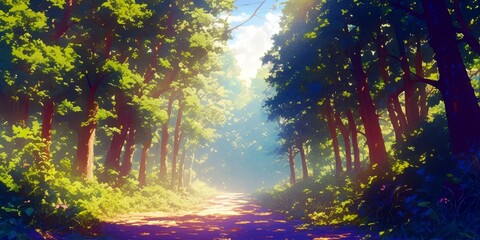 Poster - Sunlit Pathway Through Lush Green Forest Surrounded by Majestic Trees and Gentle Rays of Light Filtering Through Vibrant Foliage