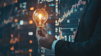 Poster - A business professional holds a glowing light bulb in front of a digital financial graph, symbolizing innovation
