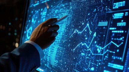 Poster - A business professional interacts with a digital interface displaying data analytics and trends in a modern office