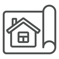 Poster - House on paper plan line icon, architecture project concept. Vector graphics. Cottage building construction sign on white background, outline style icon for mobile or web design.