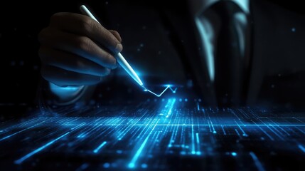 Poster - Business professional analyzing digital data trends with a stylus on a glowing interface in a dark environment