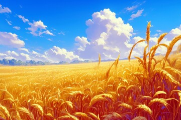 Poster - Vibrant Golden Wheat Field Under Bright Blue Sky with Fluffy White Clouds and Lush Greenery in the Background, Capturing Nature's Beauty and Abundance