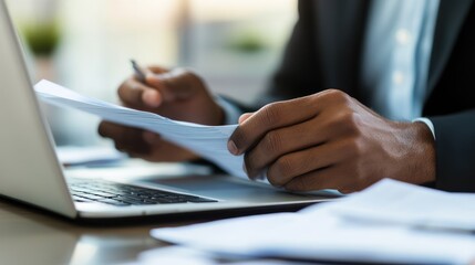 Poster - Business professional reviewing documents while working on a laptop in a modern office setting with natural light