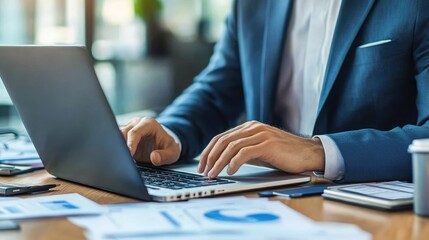Poster - Professional man typing on laptop in modern office with charts and documents scattered on the desk