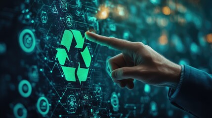 Poster - A person interacting with a digital recycling symbol on a high-tech interface, emphasizing sustainability and innovation