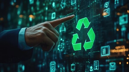 Poster - Business professional interacting with digital recycling symbol on a futuristic technology interface