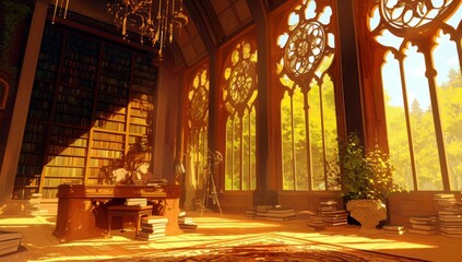 Poster - Cozy library with large stained glass windows, wooden furniture, bookshelves filled with books, golden sunlight illuminating serene reading space