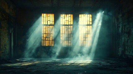 Wall Mural - a dark room with three windows that are letting in light