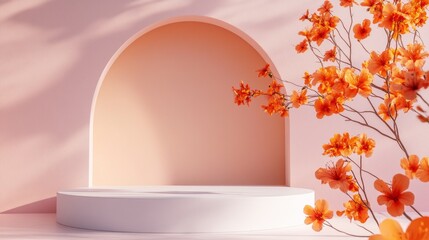 Aufkleber - Soft pastels embrace the warmth of blooming orange flowers, creating a serene atmosphere. Curved shapes invite a sense of calm, perfect for reflection and inspiration