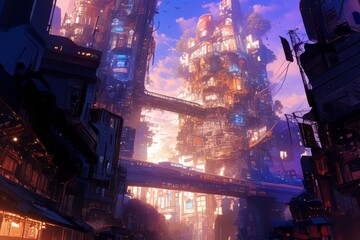 Poster - Futuristic Cityscape with Neon Lights and Skyscrapers Surrounded by a Vibrant Sky at Dusk, Depicting Advanced Urban Architecture
